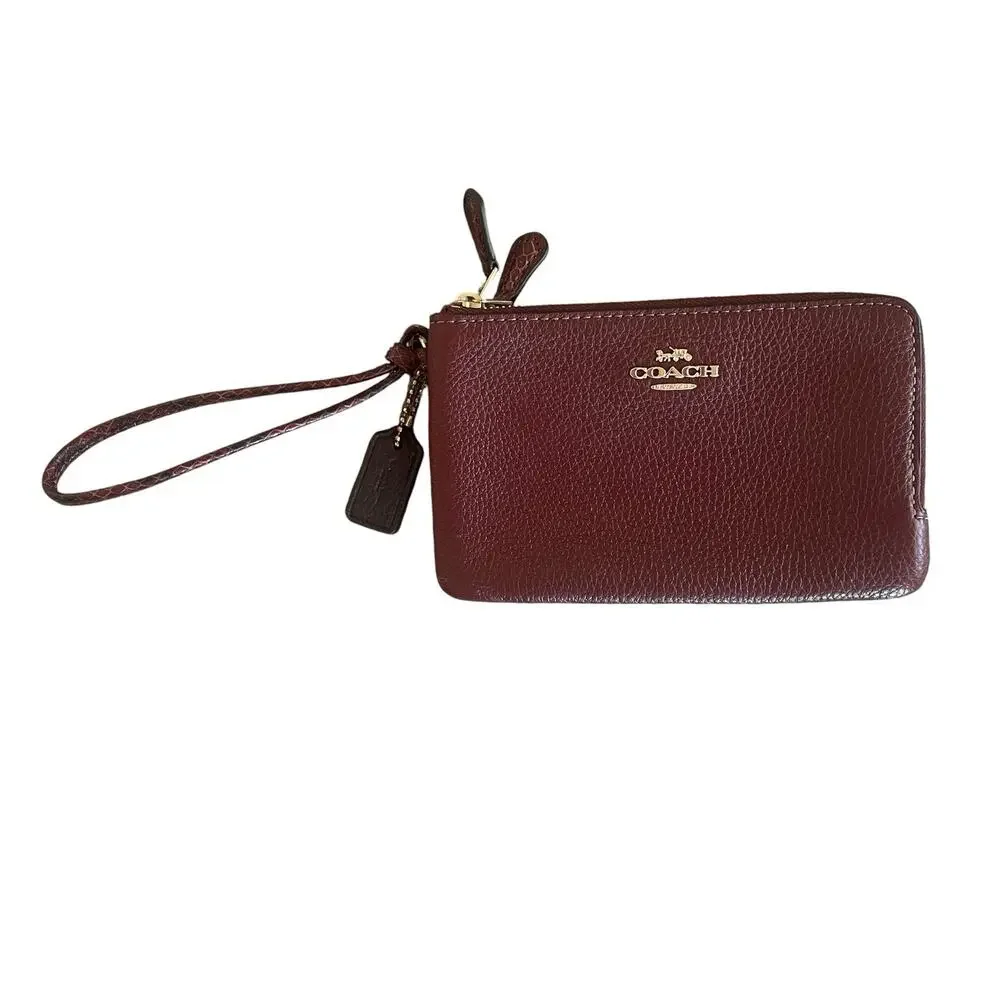 COACH Double Corner Zip Wristlet Wallet NWT Wine Multi Pebbled Leather Gold Tone
